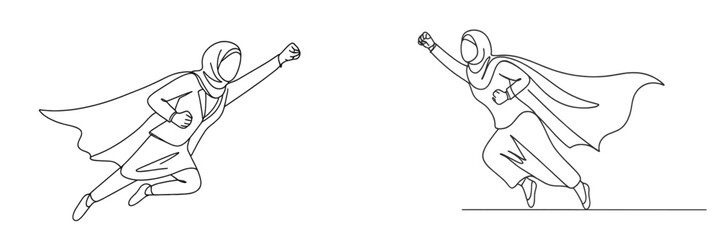 Superhero women in capes soaring through the sky illustrating empowerment and strength in a vector flat design