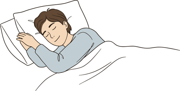 Peaceful man sleeping in bed with blanket, restful night, healthy sleep routine, bedtime illustration, cozy atmosphere, relaxing cartoon concept, vector drawing on white background