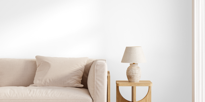  Beige sofa with rustic lamp on sculpted wooden table – side corner PNG – japandi inspired interior with Realistic Shadows – 3D render