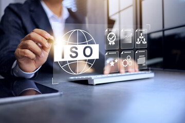 ISO international standard management concept with businessman writing virtual screen represent to...