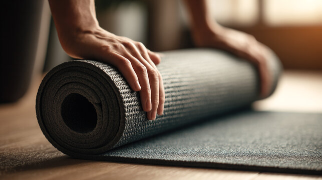 Hands rolling up a dark gray yoga mat on a wooden floor in a bright room after a workout session