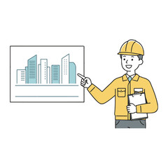Construction presentation icon set. EPS Vector File of an engineer pointing to charts while holding a clipboard for project planning black illustration