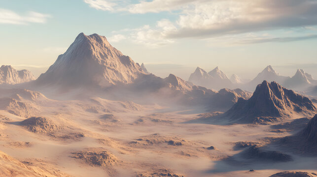 Desert Landscape with Misty Mountains and Rolling Sand Dunes - Powered by Adobe