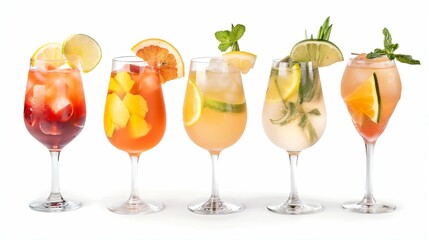 Fototapeta premium Close-up of a row of colorful summer drinks served in transparent glasses with ice cubes, against pure white background with no shadow. Ultra-realistic high-resolution concept for beverage ads