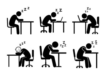 Sleeping at desk silhouette scene. EPS Vector Silhouette File of a person dozing off over a keyboard in an office environment black illustration