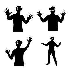 VR headset user silhouettes. EPS Vector Silhouette File of individuals wearing VR headsets with expressive gestures black illustration