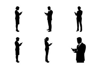 Standing person working on smart phone side view icon set. EPS Vector Silhouette File of individuals using smart phone and standing desks black illustration