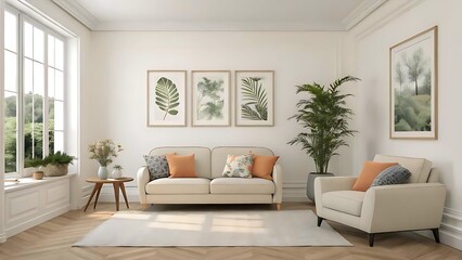 Modern living room interior with comfortable sofa, contemporary furniture design, and a cozy fireplace