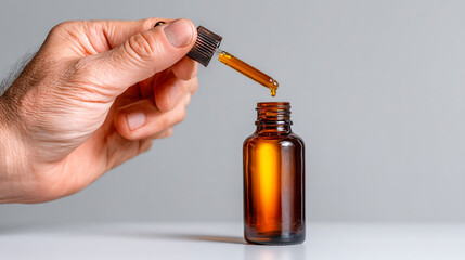 Hand holding dropper over brown bottle with liquid and grey background in a studio setting close up
