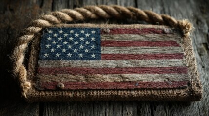 Rustic American Flag Wooden Sign with Rope