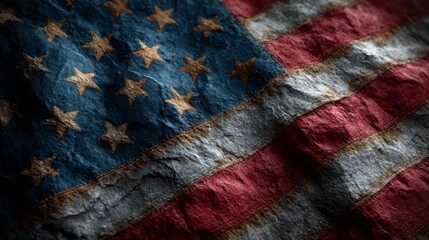 Close-up of a Worn American Flag on a Stone Texture