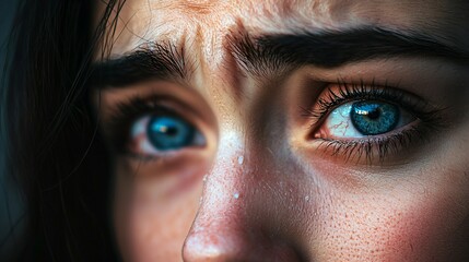 Fototapeta premium Distressed woman with teary eyes expressing deep sadness and emotional pain, mental health awareness and psychological trauma concept.