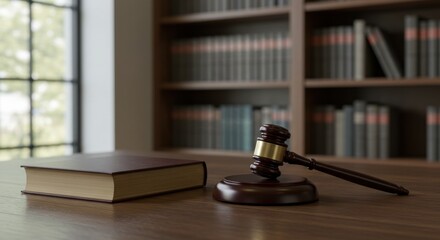 Gavel and legal book on a wooden desk in a law library setting