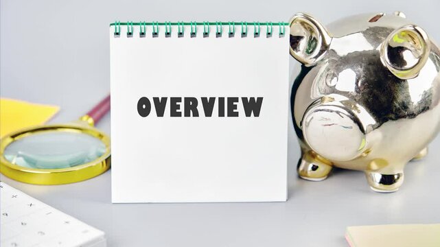 Animation of the conceptual text OVERVIEW. Tax year overview symbol. Concept words