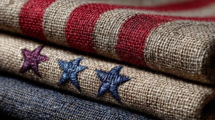 Close-up of Folded Beige Linen Fabric with Red Stripes and Embroidered Stars