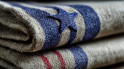 Folded Blue And Red Striped Linen Fabric With Star Detail