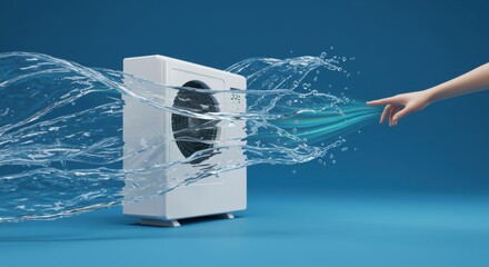 Modern air purifier with water flow and human hand interaction on blue background