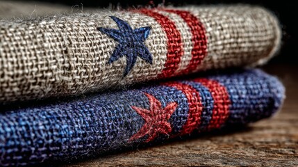 Rustic Burlap Fabric with Red and Blue Stars