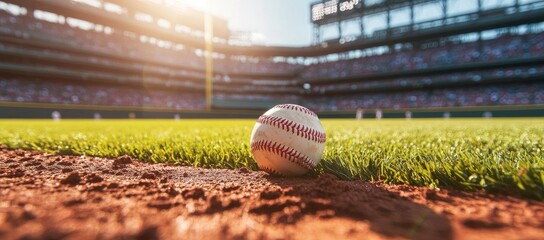 Baseball stadium scene with a ball on the field