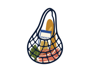 Basket with Spaghetti, Bread, meat, artichoke for an Italian Meal Theme Vector illustration