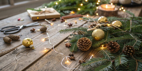 Christmas ornaments, fir branches with string lights, pine cones, and snowflakes arranged on a rustic wooden table, creating a cozy festive scene for winter celebrations