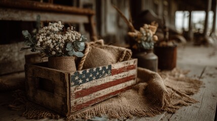 Rustic Wooden Crate with Dried Flowers and American Flag Design