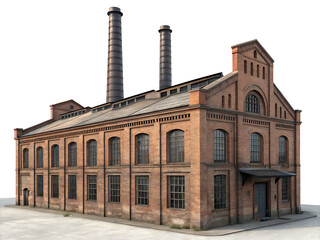 A brick factory building with two smokestacks against a white background in a digital rendering