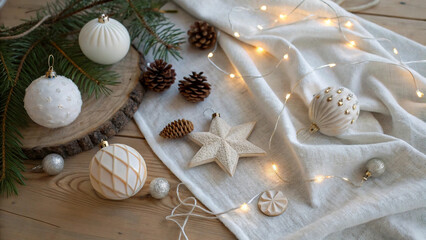 Christmas ornaments, stars and pine cones are arranged on a white surface with string lights, creating a festive and cozy winter holiday scene