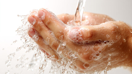 Fototapeta premium Close up of hands being washed with water and soap with a white background in a bright setting