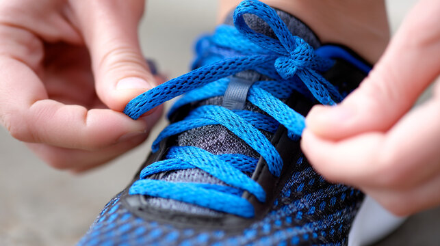 Close up of hands tying bright blue shoelaces on a dark colored athletic shoe before a run - Powered by Adobe