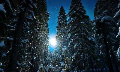 A moonlit winter forest scene shows snow falling softly on tall evergreen trees - Powered by Adobe