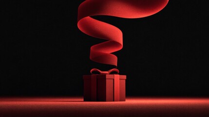 Red Gift Box with Twirling Ribbon on Dark Background