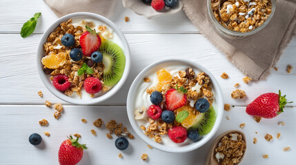 Overhead view of two bowls of yogurt with granola and fruit on a white wooden surface top down shot