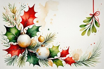 Festive watercolor holiday border with holly, baubles, and mistletoe