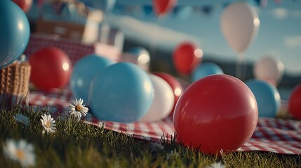 Red Blue White Balloons Picnic on Grassy Meadow