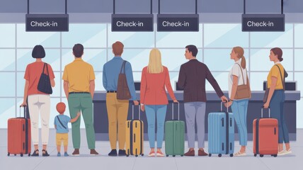 Obraz premium Travelers Waiting in Line for Check-in at Airport Terminal