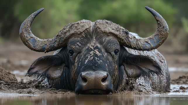 Mud-caked buffalo resting in water