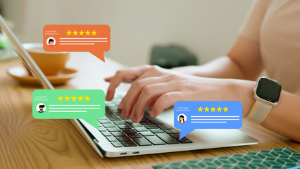 Customer satisfaction concept showing a business manager on a laptop receiving excellent 5-star ratings and positive online reviews, illustrating great customer feedback and reputation management.