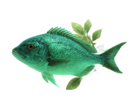 [Transparent Background PNG]Vibrant Green Fish Surrounded by Lush Leaves - Powered by Adobe
