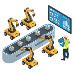 Naklejka premium Isometric Illustration Yellow Robots Automated Assembly Line Factory Worker