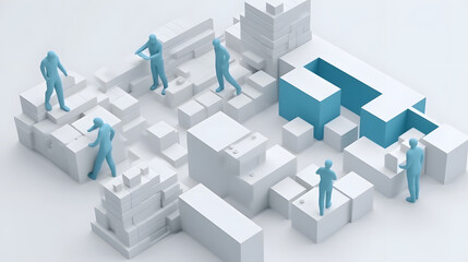Obraz premium Abstract people navigating 3D block cityscape, teamwork and strategy concept