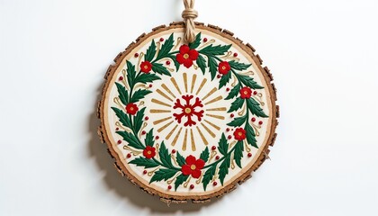 Handpainted ornament slice with floral design isolated on white background for decoration
