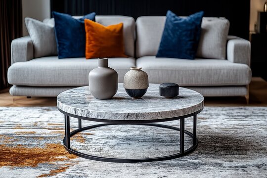 Round grey marble coffee table with black steel frame in modern living room with grey fabric sofa and multicolor rug in white, grey, and brown tones
