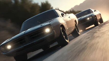 Classic cars racing on a winding road at sunset