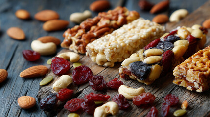 Assortment of granola bars and nuts on a rustic wooden surface displaying healthy snack options closeup