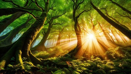 A glowing sunrise breaking through a canopy of trees, with golden light spilling over the forest floor 