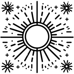 Stylized sun and starburst design with radiating lines and abstract elements. Abstract celestial concept