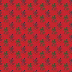Elegant Floral Pattern with Green Motifs on a Bold Red Background