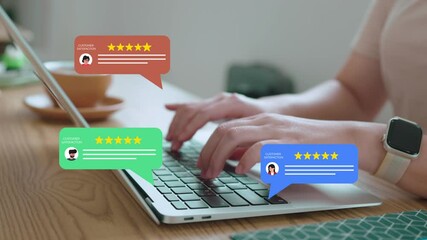 Customer satisfaction concept showing a business manager on a laptop receiving excellent 5-star ratings and positive online reviews, illustrating great customer feedback and reputation management.