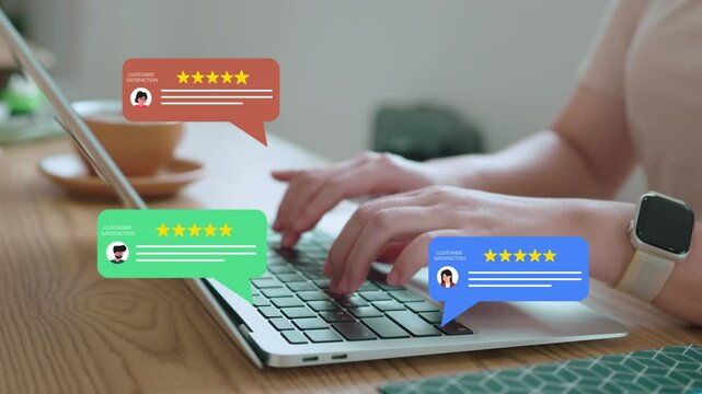 Customer satisfaction concept showing a business manager on a laptop receiving excellent 5-star ratings and positive online reviews, illustrating great customer feedback and reputation management.